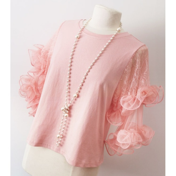 Pink Lace Tulle Flutter Sleeves Pretty Tee T Shirt - Picture 2 of 8